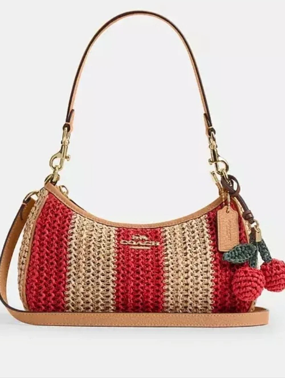 Coach Red and Tan Crochet Shoulder Bag with Cherry Charm